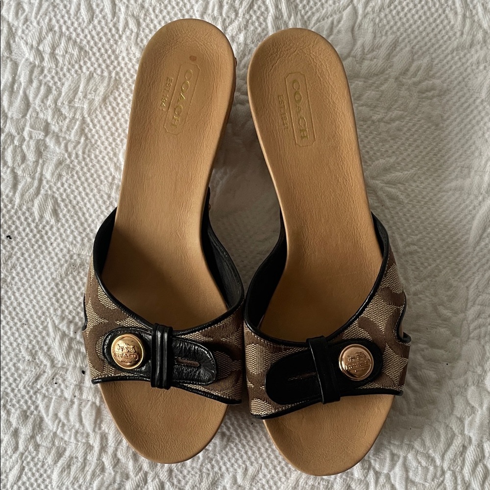 Coach Camouflage Brown Mules with Gold Accents